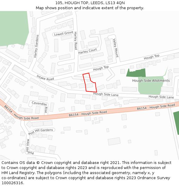 105, HOUGH TOP, LEEDS, LS13 4QN: Location map and indicative extent of plot