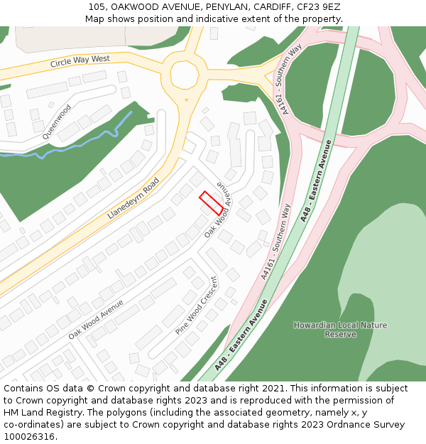 105, OAKWOOD AVENUE, PENYLAN, CARDIFF, CF23 9EZ: Location map and indicative extent of plot