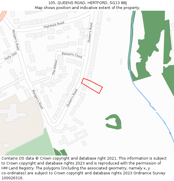 105, QUEENS ROAD, HERTFORD, SG13 8BJ: Location map and indicative extent of plot