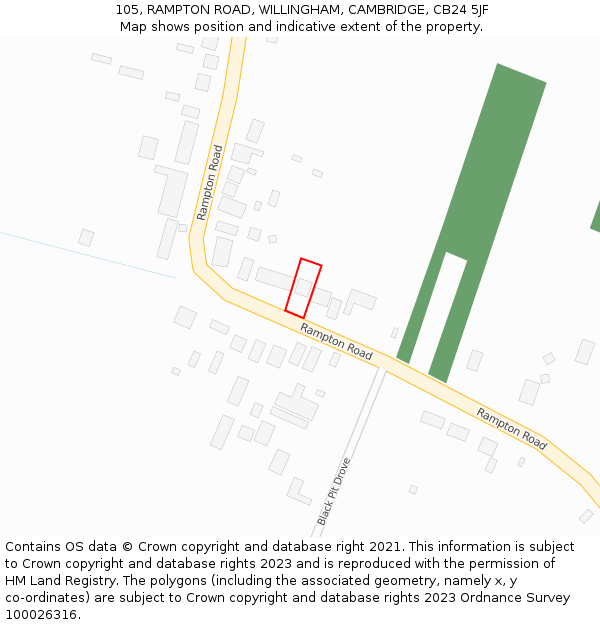 105, RAMPTON ROAD, WILLINGHAM, CAMBRIDGE, CB24 5JF: Location map and indicative extent of plot