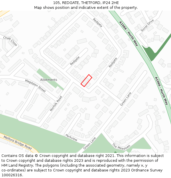 105, REDGATE, THETFORD, IP24 2HE: Location map and indicative extent of plot