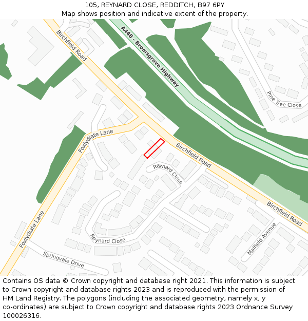 105, REYNARD CLOSE, REDDITCH, B97 6PY: Location map and indicative extent of plot