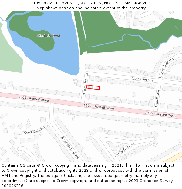 105, RUSSELL AVENUE, WOLLATON, NOTTINGHAM, NG8 2BP: Location map and indicative extent of plot