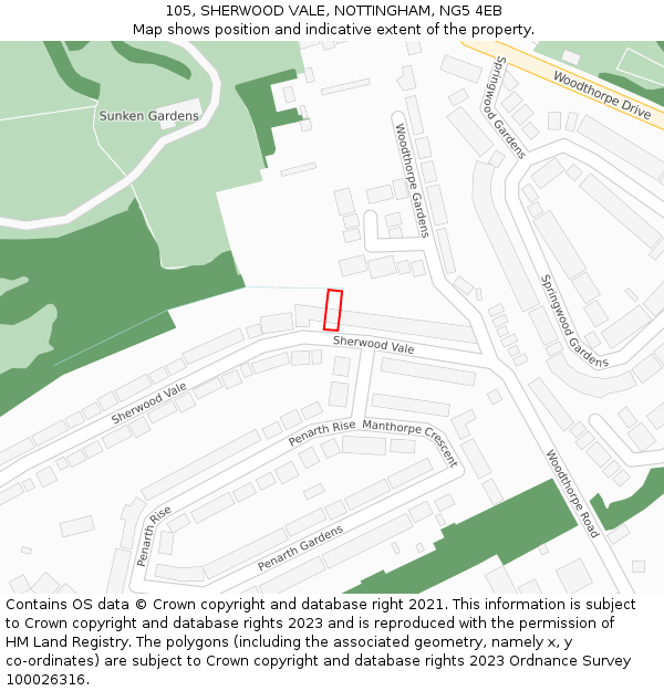 105, SHERWOOD VALE, NOTTINGHAM, NG5 4EB: Location map and indicative extent of plot