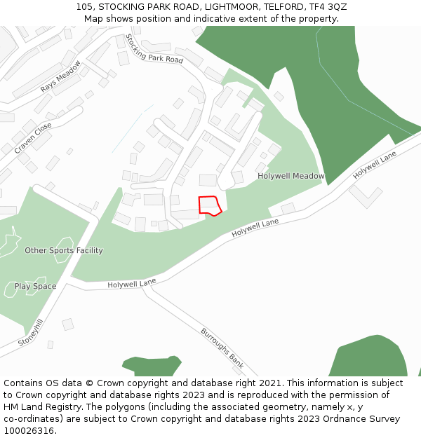 105, STOCKING PARK ROAD, LIGHTMOOR, TELFORD, TF4 3QZ: Location map and indicative extent of plot