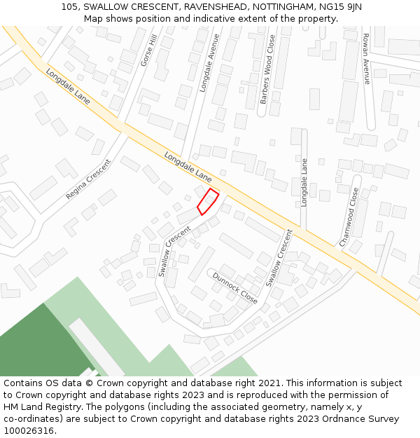 105, SWALLOW CRESCENT, RAVENSHEAD, NOTTINGHAM, NG15 9JN: Location map and indicative extent of plot