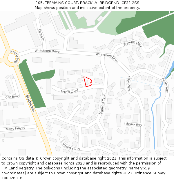 105, TREMAINS COURT, BRACKLA, BRIDGEND, CF31 2SS: Location map and indicative extent of plot