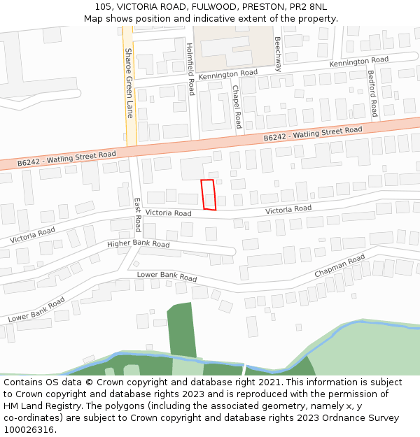 105, VICTORIA ROAD, FULWOOD, PRESTON, PR2 8NL: Location map and indicative extent of plot