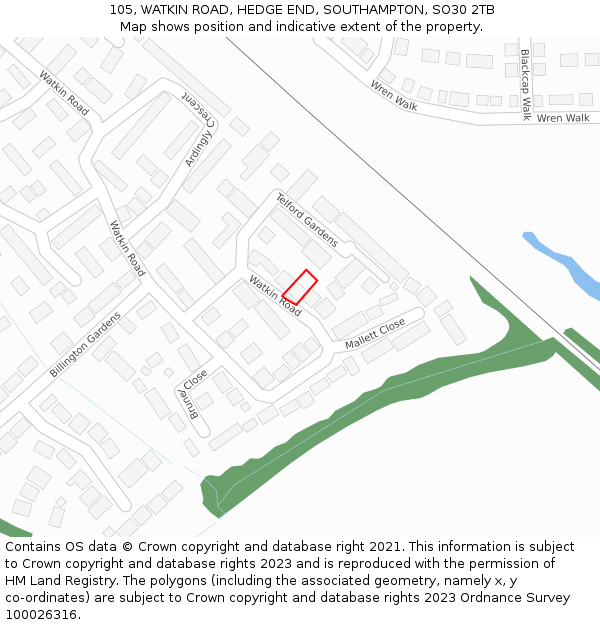 105, WATKIN ROAD, HEDGE END, SOUTHAMPTON, SO30 2TB: Location map and indicative extent of plot