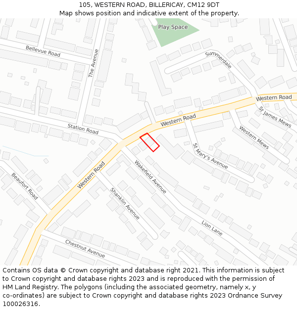 105, WESTERN ROAD, BILLERICAY, CM12 9DT: Location map and indicative extent of plot