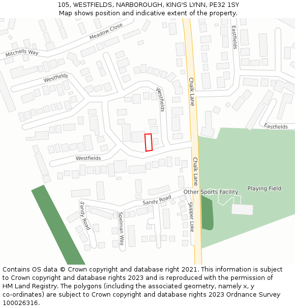 105, WESTFIELDS, NARBOROUGH, KING'S LYNN, PE32 1SY: Location map and indicative extent of plot