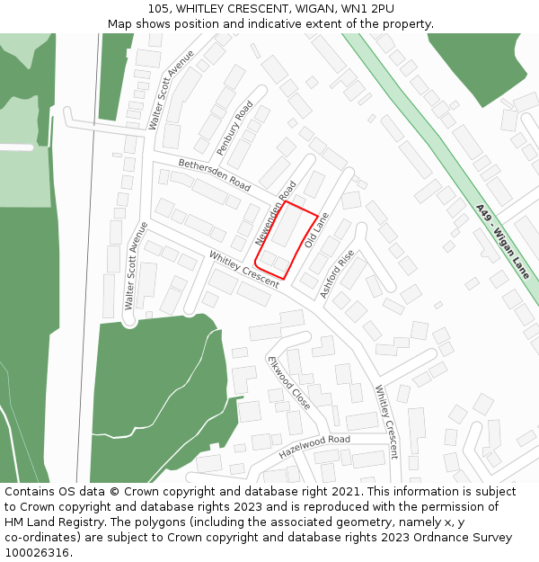 105, WHITLEY CRESCENT, WIGAN, WN1 2PU: Location map and indicative extent of plot