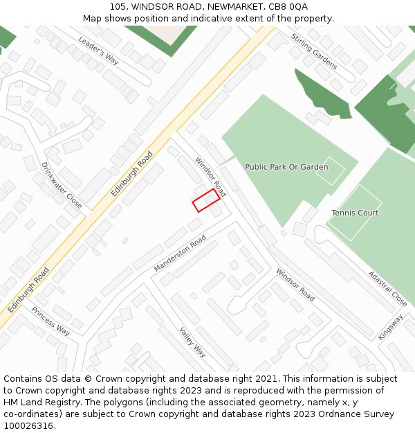 105, WINDSOR ROAD, NEWMARKET, CB8 0QA: Location map and indicative extent of plot