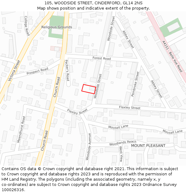 105, WOODSIDE STREET, CINDERFORD, GL14 2NS: Location map and indicative extent of plot