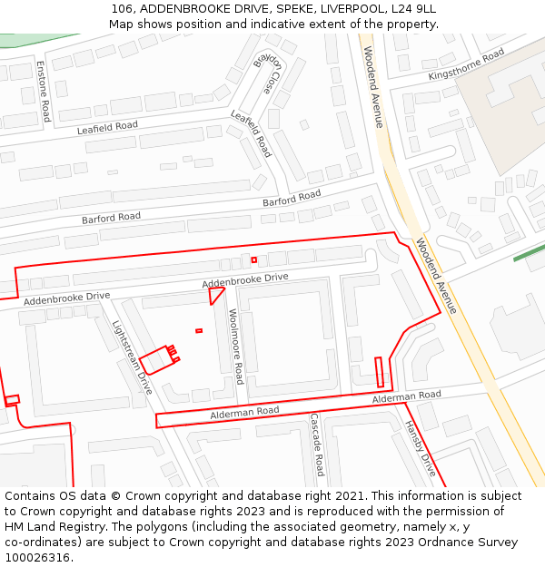 106, ADDENBROOKE DRIVE, SPEKE, LIVERPOOL, L24 9LL: Location map and indicative extent of plot