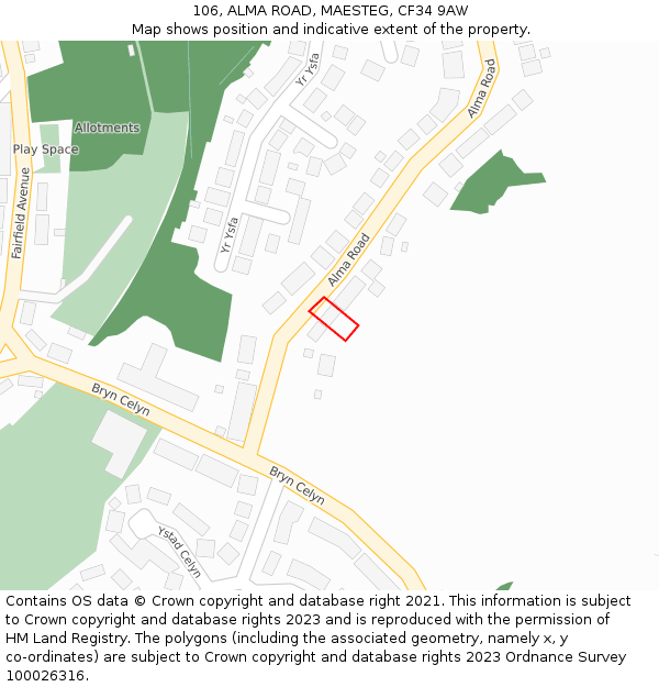 106, ALMA ROAD, MAESTEG, CF34 9AW: Location map and indicative extent of plot