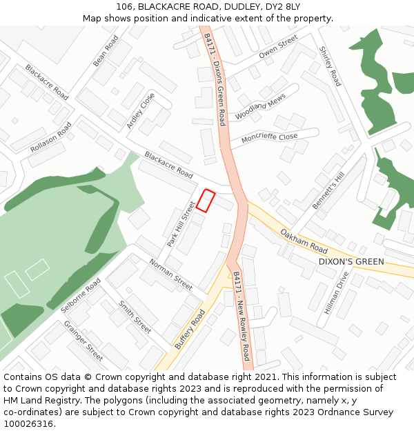106, BLACKACRE ROAD, DUDLEY, DY2 8LY: Location map and indicative extent of plot