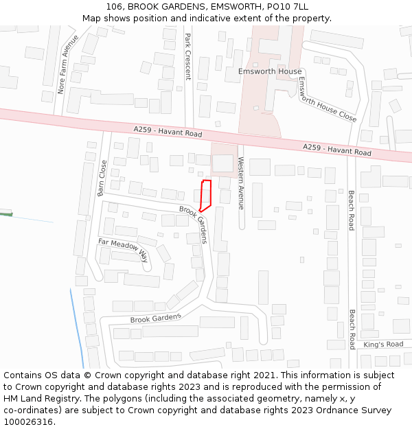 106, BROOK GARDENS, EMSWORTH, PO10 7LL: Location map and indicative extent of plot
