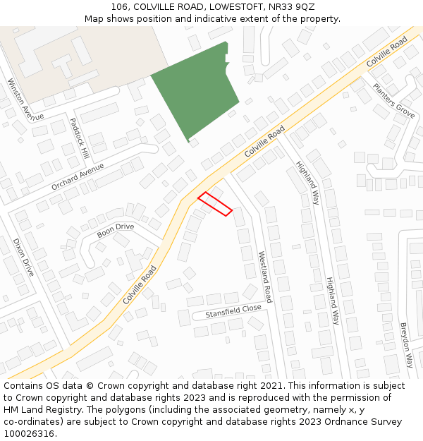 106, COLVILLE ROAD, LOWESTOFT, NR33 9QZ: Location map and indicative extent of plot