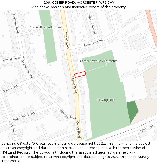 106, COMER ROAD, WORCESTER, WR2 5HY: Location map and indicative extent of plot