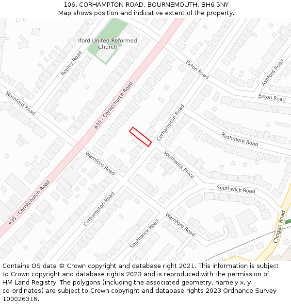 106, CORHAMPTON ROAD, BOURNEMOUTH, BH6 5NY: Location map and indicative extent of plot