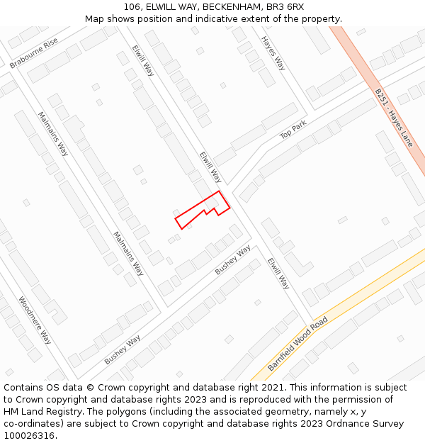 106, ELWILL WAY, BECKENHAM, BR3 6RX: Location map and indicative extent of plot