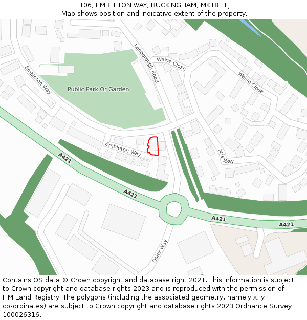 106, EMBLETON WAY, BUCKINGHAM, MK18 1FJ: Location map and indicative extent of plot