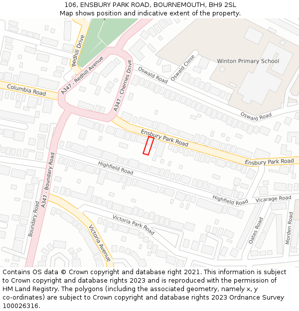 106, ENSBURY PARK ROAD, BOURNEMOUTH, BH9 2SL: Location map and indicative extent of plot
