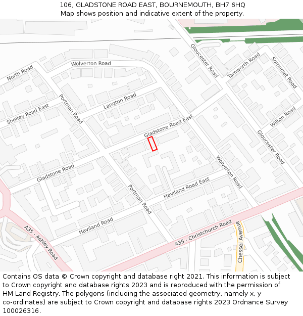 106, GLADSTONE ROAD EAST, BOURNEMOUTH, BH7 6HQ: Location map and indicative extent of plot
