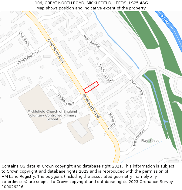 106, GREAT NORTH ROAD, MICKLEFIELD, LEEDS, LS25 4AG: Location map and indicative extent of plot