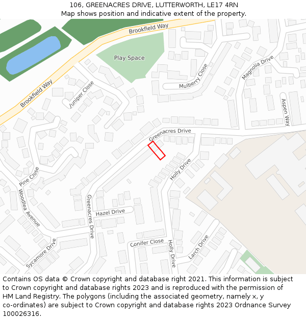 106, GREENACRES DRIVE, LUTTERWORTH, LE17 4RN: Location map and indicative extent of plot