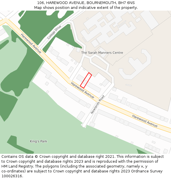 106, HAREWOOD AVENUE, BOURNEMOUTH, BH7 6NS: Location map and indicative extent of plot