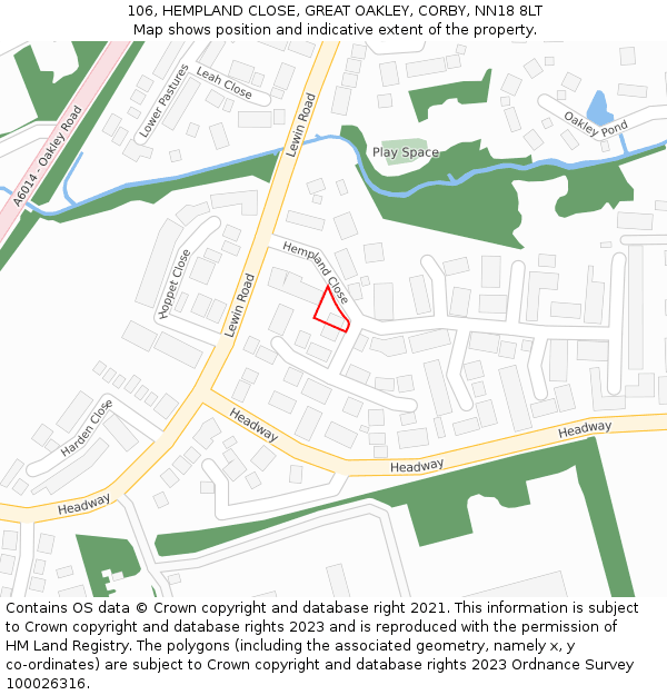 106, HEMPLAND CLOSE, GREAT OAKLEY, CORBY, NN18 8LT: Location map and indicative extent of plot