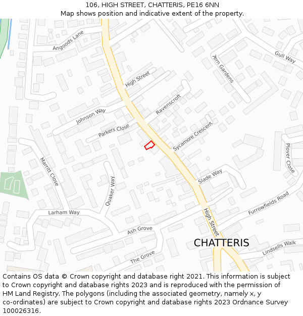 106, HIGH STREET, CHATTERIS, PE16 6NN: Location map and indicative extent of plot