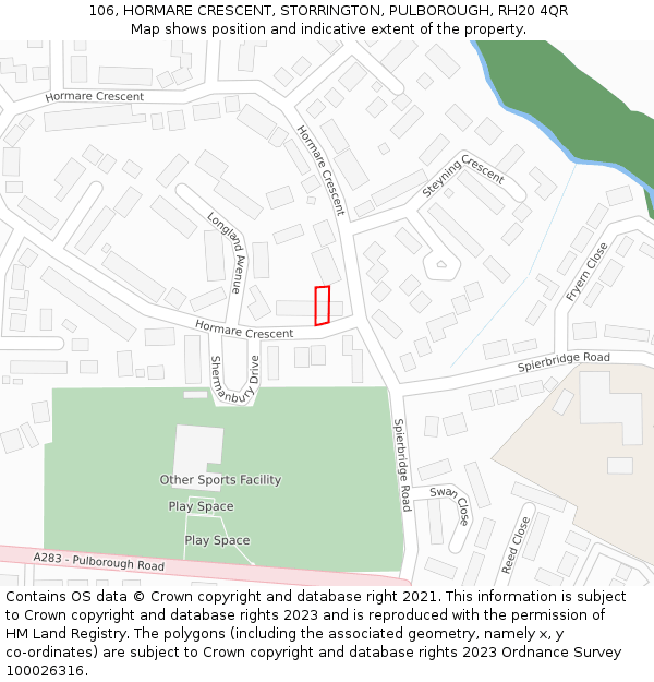 106, HORMARE CRESCENT, STORRINGTON, PULBOROUGH, RH20 4QR: Location map and indicative extent of plot