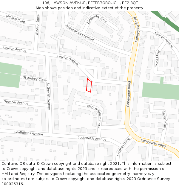 106, LAWSON AVENUE, PETERBOROUGH, PE2 8QE: Location map and indicative extent of plot