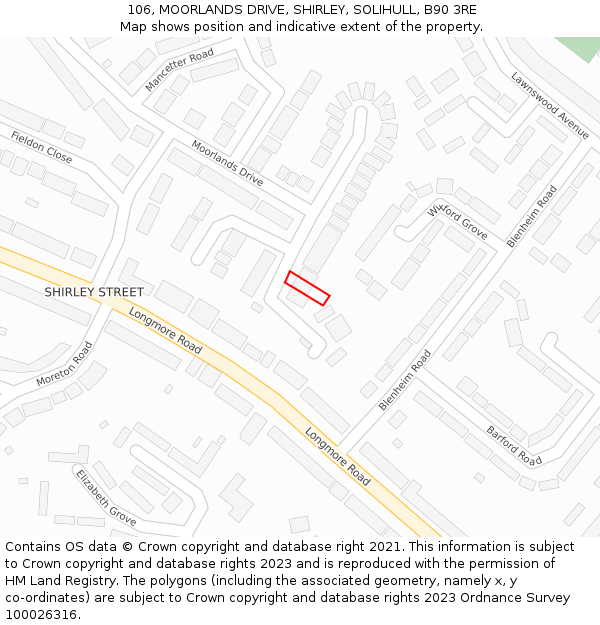 106, MOORLANDS DRIVE, SHIRLEY, SOLIHULL, B90 3RE: Location map and indicative extent of plot