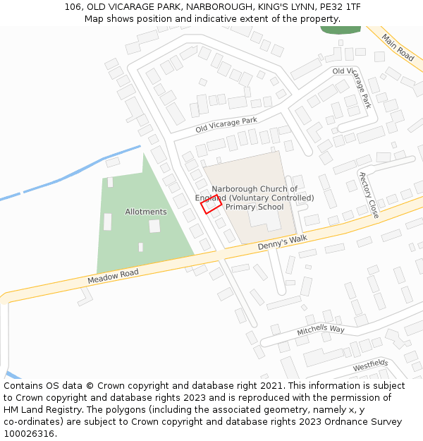 106, OLD VICARAGE PARK, NARBOROUGH, KING'S LYNN, PE32 1TF: Location map and indicative extent of plot