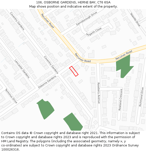 106, OSBORNE GARDENS, HERNE BAY, CT6 6SA: Location map and indicative extent of plot