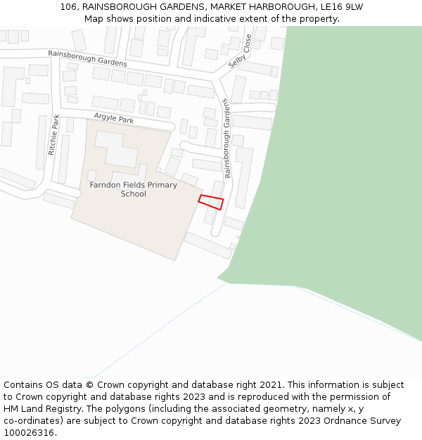 106, RAINSBOROUGH GARDENS, MARKET HARBOROUGH, LE16 9LW: Location map and indicative extent of plot
