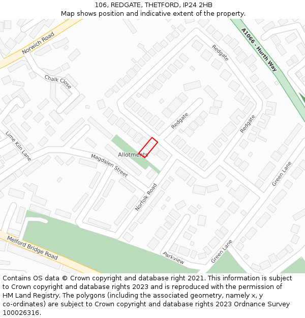 106, REDGATE, THETFORD, IP24 2HB: Location map and indicative extent of plot