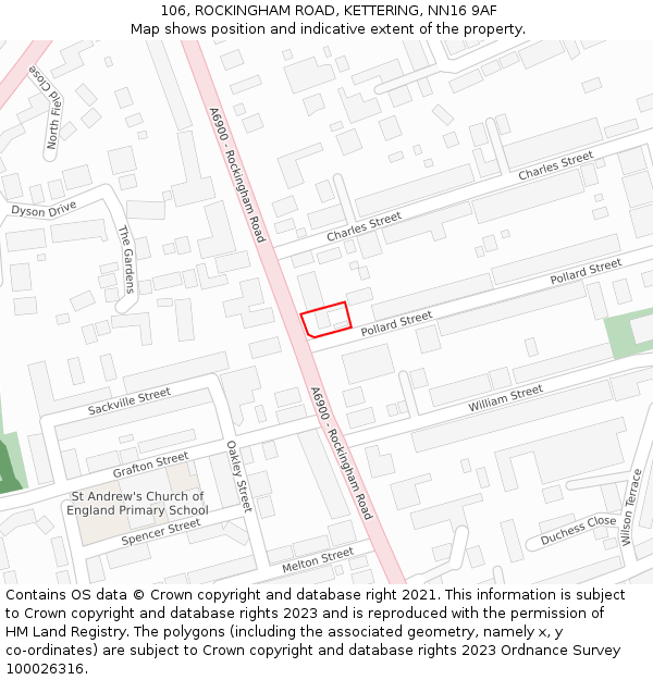 106, ROCKINGHAM ROAD, KETTERING, NN16 9AF: Location map and indicative extent of plot