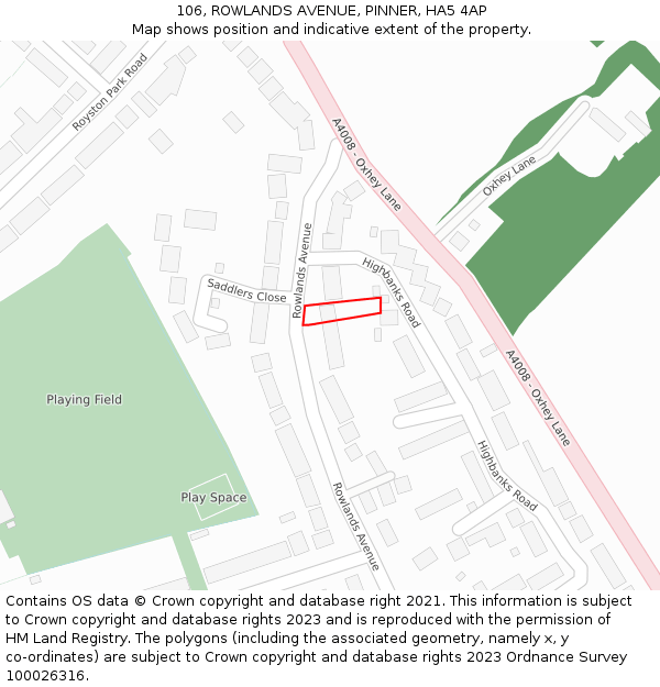 106, ROWLANDS AVENUE, PINNER, HA5 4AP: Location map and indicative extent of plot