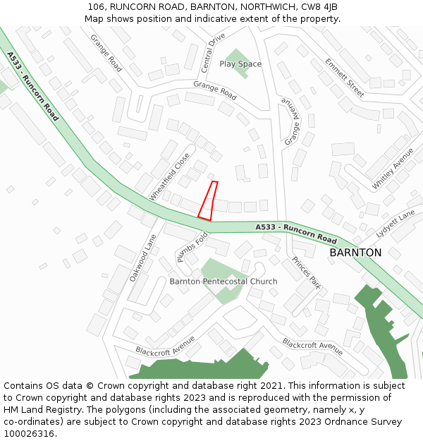 106, RUNCORN ROAD, BARNTON, NORTHWICH, CW8 4JB: Location map and indicative extent of plot