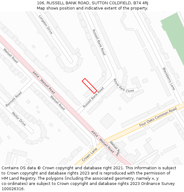 106, RUSSELL BANK ROAD, SUTTON COLDFIELD, B74 4RJ: Location map and indicative extent of plot