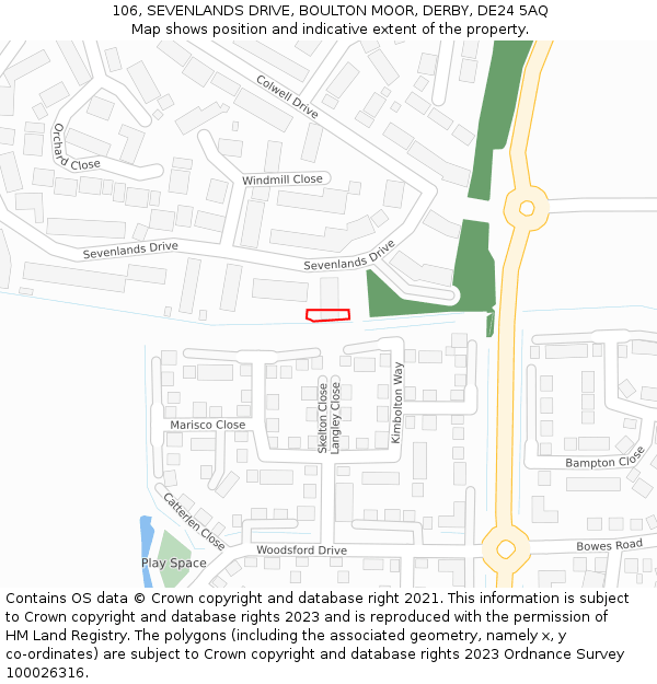 106, SEVENLANDS DRIVE, BOULTON MOOR, DERBY, DE24 5AQ: Location map and indicative extent of plot