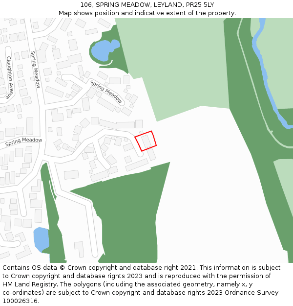 106, SPRING MEADOW, LEYLAND, PR25 5LY: Location map and indicative extent of plot