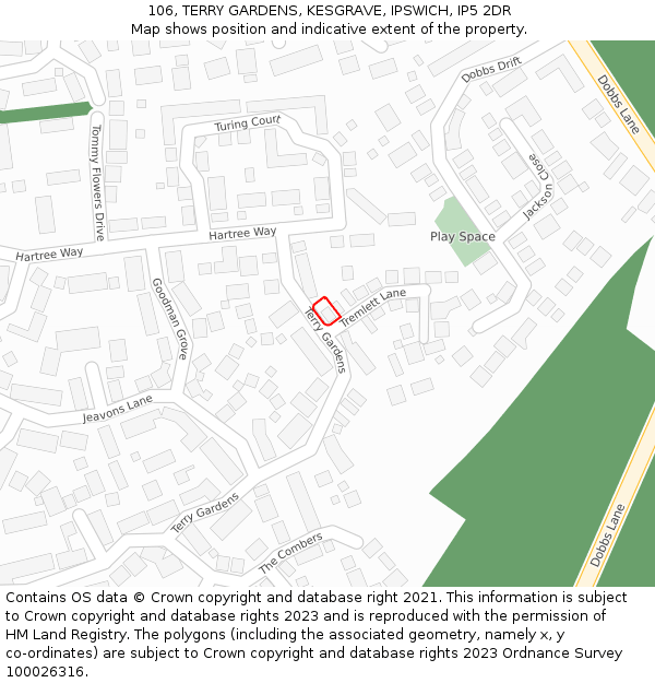 106, TERRY GARDENS, KESGRAVE, IPSWICH, IP5 2DR: Location map and indicative extent of plot