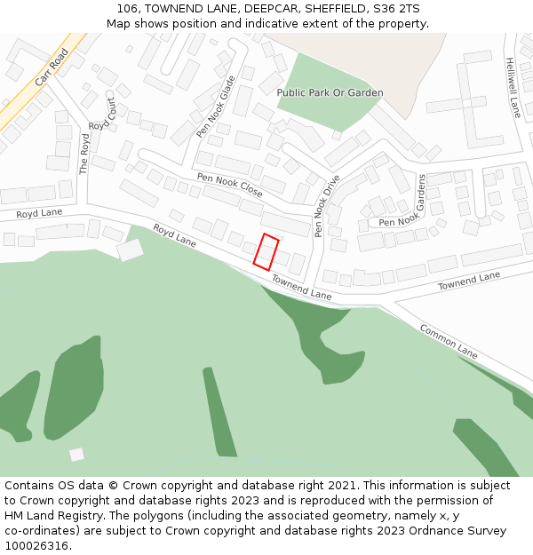 106, TOWNEND LANE, DEEPCAR, SHEFFIELD, S36 2TS: Location map and indicative extent of plot