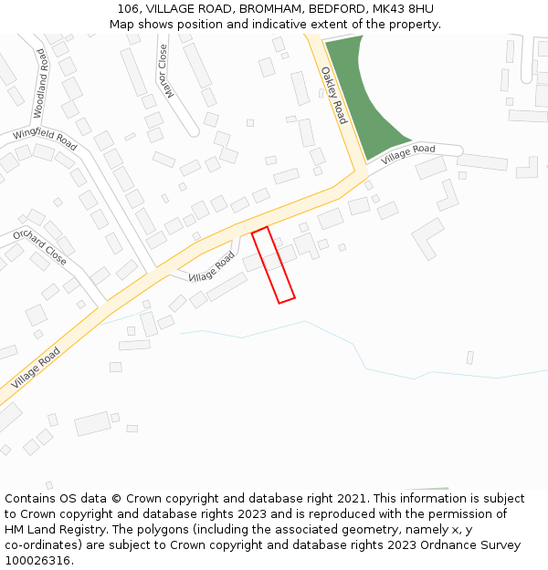 106, VILLAGE ROAD, BROMHAM, BEDFORD, MK43 8HU: Location map and indicative extent of plot